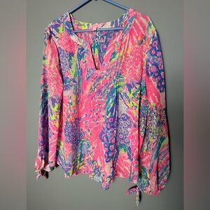 Lilly Pulitzer Colby Silk Blouse V-Neck, Bishop Sleeve w/ Tie Wrist Sz XL